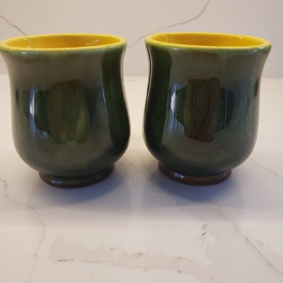 Set of 2 Glazed Green Exterior Yellow Interior mini small tea coffee mu… - Picture 4 of 9